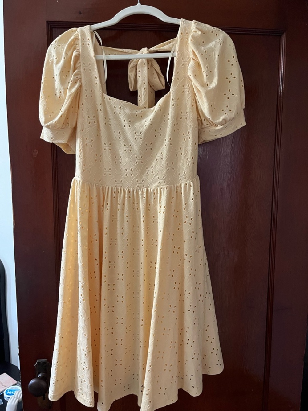 Eyelet Puff Sleeve Midi Dress in Pale Yellow